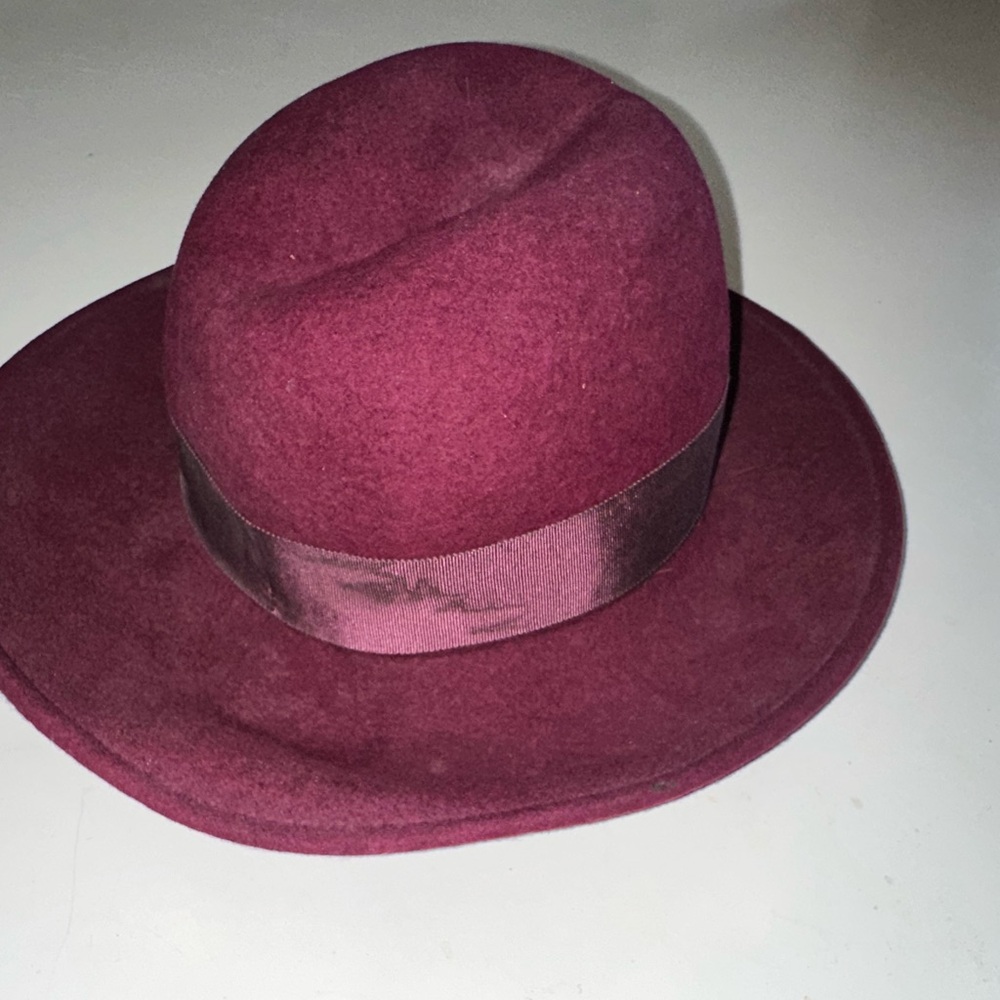 Burberry Vintage Burgundy Felt Fedora Feather Size Medium Godfather hat - Picture 4 of 5